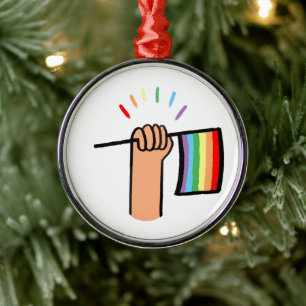 Hand plockade Hand som viftar en regnbåge Flagga Julgransprydnad Metall