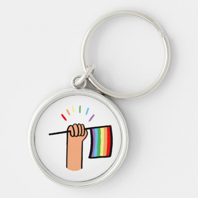 Hand plockade Hand Wave a Rainbow Flagga Rund Silverfärgad Nyckelring (Framsidan)