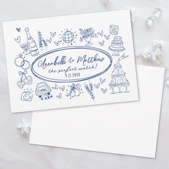 Hand plockade Handskriftlig Blue Whimsical Bröllop Inbjudningar (Hand Drawn Handwritten Blue Whimsical Wedding Invitation)