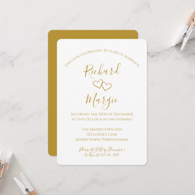 Hand plockade Hearts 50:e Bröllop-årsdagen Party Inbjudningar (Fram/Back In Situ)