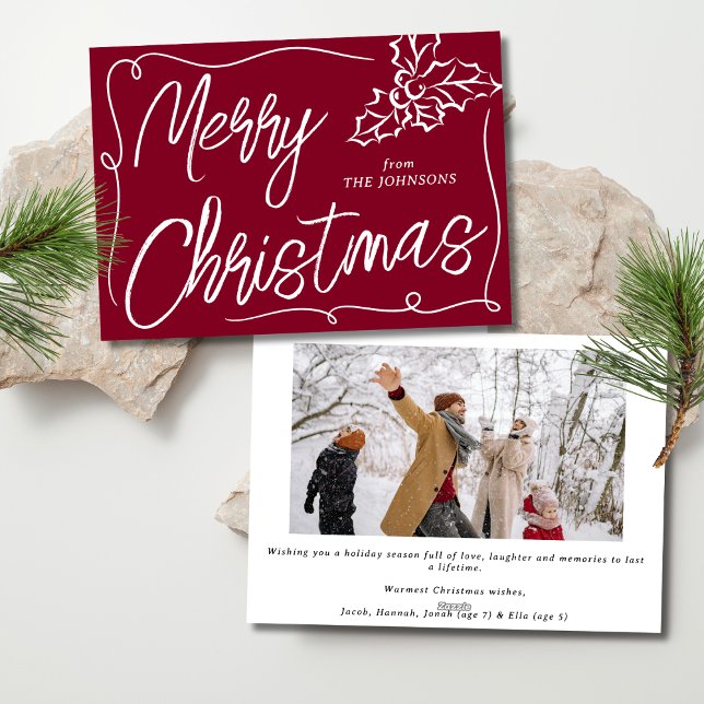 Hand plockade Holly Berry Burgundy Photo Jul Julkort (Skapare uppladdad)