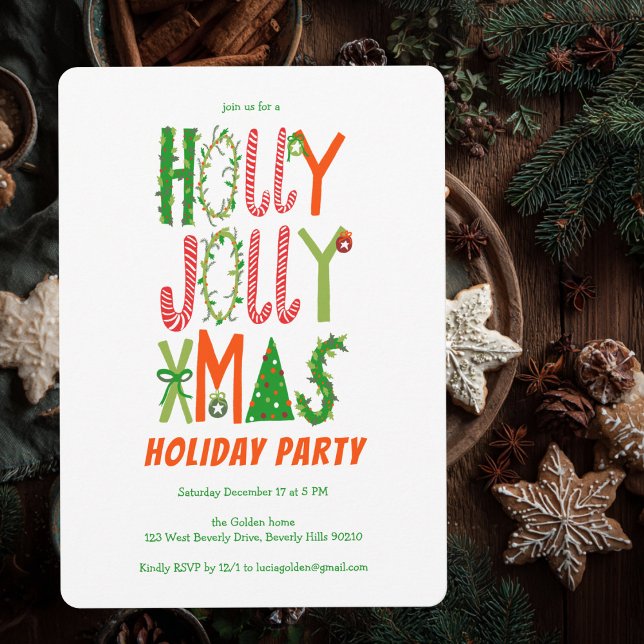 Hand plockade Holly Jolly ANPASSNINGSBAR Helgdag   Inbjudningar (Hand Drawn Holly Jolly Christmas CUSTOM Holiday Invitation
)