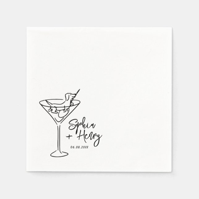 Hand plockade Hund och Martini Whimsical Bröllop Pappersservett (Framsidan)