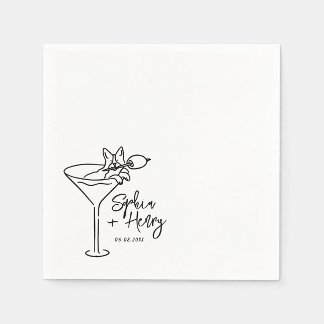 Hand plockade Hund och Martini Whimsical Bröllop Pappersservett (Framsidan)