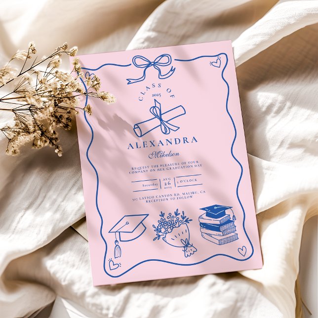 Hand plockade Illustrated Rosa & Blue Grad Inbjudningar (Skapare uppladdad)