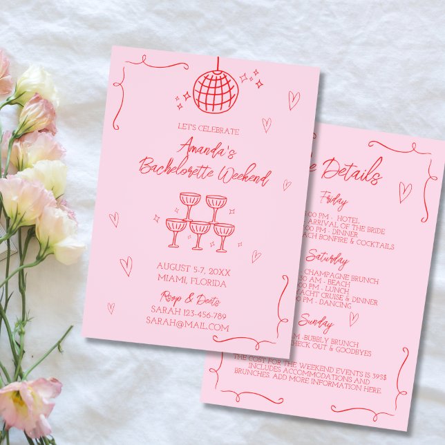 Hand plockade Illustrated Rosa & Red Bachelorette Inbjudningar (Hand Drawn Illustrated Pink & Red Bachelorette Invitation Bachelorette Weekend Itinerary)