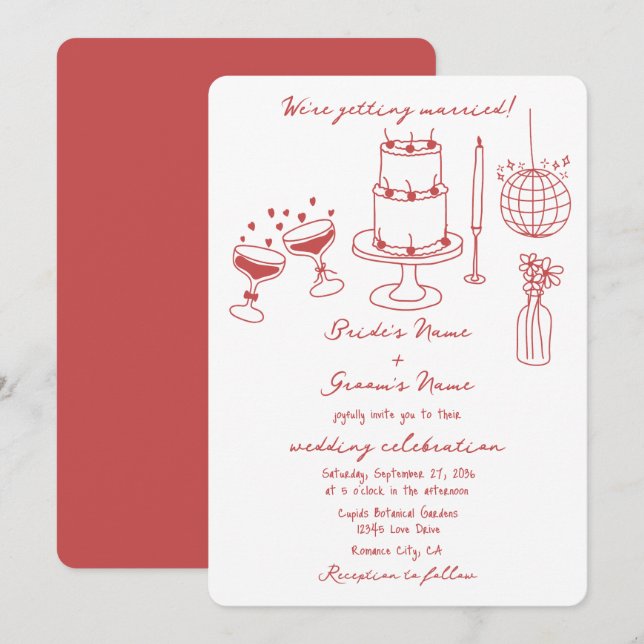 Hand plockade Illustrationer Doodles Maroon Bröllo Inbjudningar (Fram/baksida)