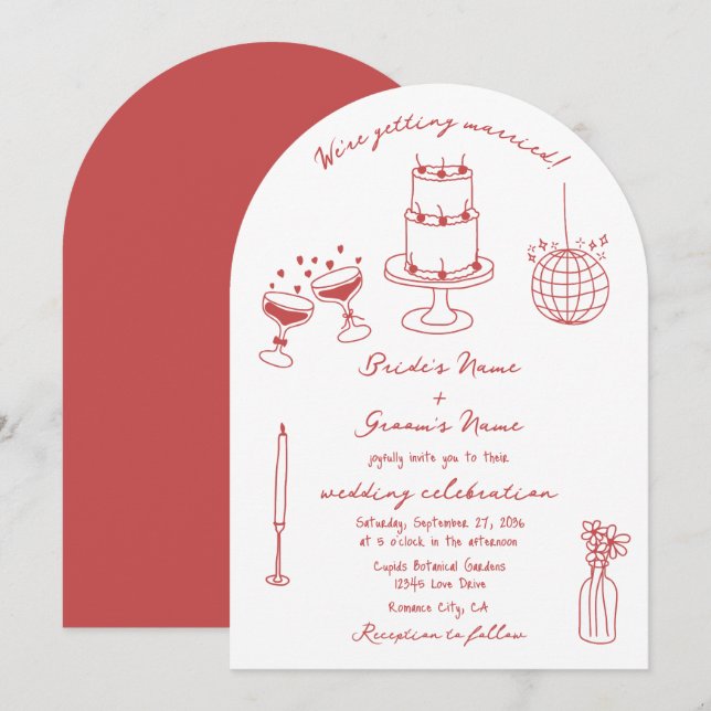 Hand plockade Illustrationer Doodles Maroon Bröllo Inbjudningar (Fram/baksida)
