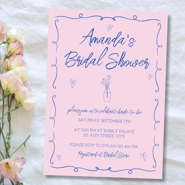 Hand plockade Illustrerad Rosa och blå Möhippa Inbjudningar (Hand Drawn Illustrated Pink & Blue Bridal Shower Invitation)