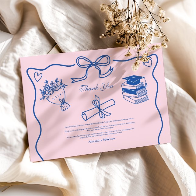 Hand plockade Illustrerad Rosa och Blå Studenten d Tack Kort (Skapare uppladdad)