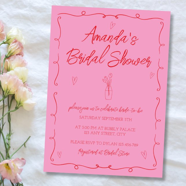Hand plockade Illustrerad Rosa och röd Möhippa Inbjudningar (Hand Drawn Illustrated Pink & Red Bridal Shower Invitation)