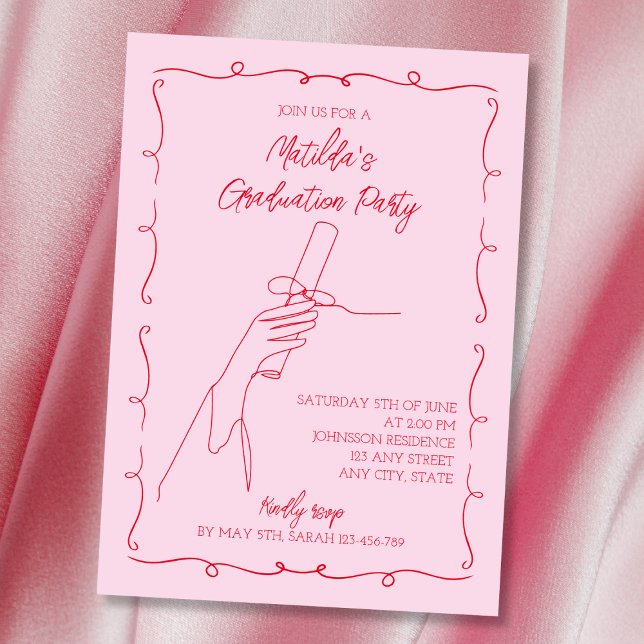 Hand plockade Illustrerad Rosa och röd Studentfest Inbjudningar (Hand Drawn Illustrated Pink & Red Graduation Party Invitation)