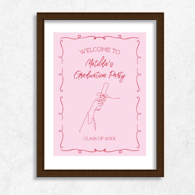 Hand plockade Illustrerad Rosa och röd Studentfest Poster (Hand Drawn Illustrated Pink & Red Graduation Party Poster)