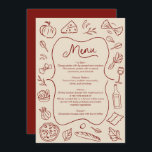 Hand plockade Italienska Stil Menu Rustic Red & Cr Meny<br><div class="desc">Förbättra din bröllopsmottagning med det här röda och gräddbildade menykortet. Med handritade matsymboler och en klassisk design ger det här anpassadet ett charmerande drag på din speciella dag. Perfekt för att visa din försiktigt böjda meny är det här kortet både elegant och funktionellt, och skapar det som en vacker keepsaké...</div>
