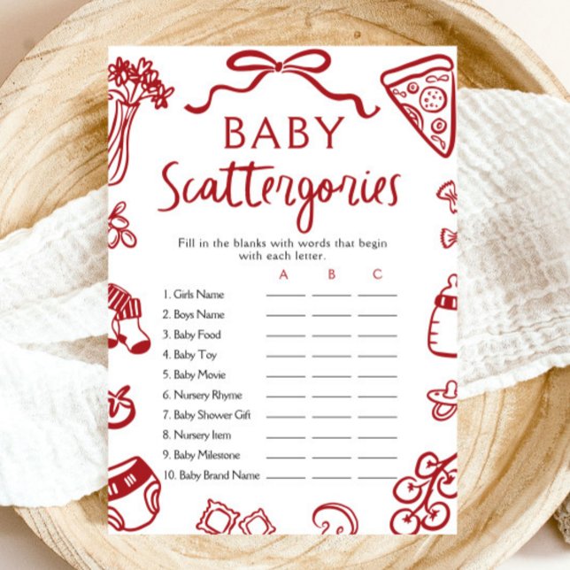 Hand plockade Italienskt babyvisningsspel Inbjudningar (Hand Drawn Italian Baby Shower Scattergories Game)
