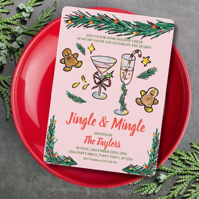 Hand plockade Jingle och Mingle jul Cocktail Inbjudningar (doodle cocktail christmas party, red and green and pink)