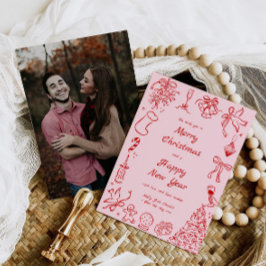 Hand plockade-julkort Foto Doodle Julafton Rosa Julkort