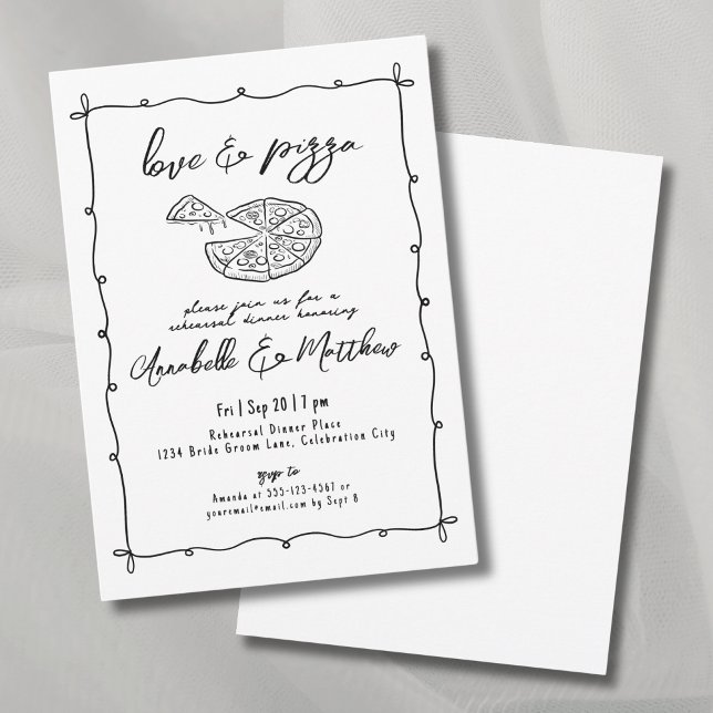 Hand plockade Kärlek Pizza Bröllop Rehearsal Dinne Inbjudningar (Hand Drawn Love Pizza Wedding Rehearsal Dinner Invitation)