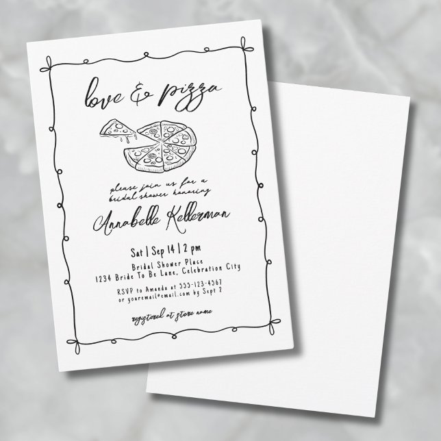 Hand plockade Kärlek Pizza Whimsical Möhippa Inbjudningar (Hand Drawn Love Pizza Whimsical Bridal Shower Invitation)