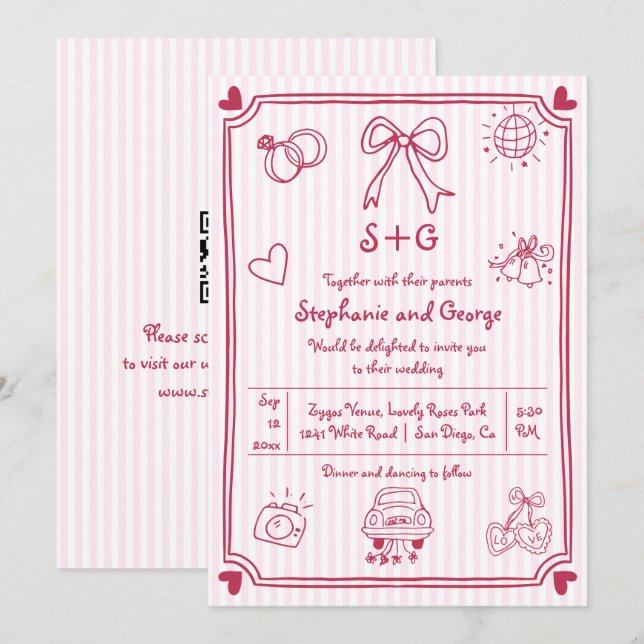 Hand plockade-klocka rosa QR-kod bröllop Inbjudningar (Fram/baksida)