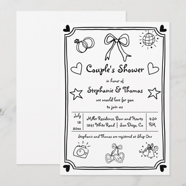 Hand plockade klottrar det vismska parets dusch inbjudningar (Fram/baksida)