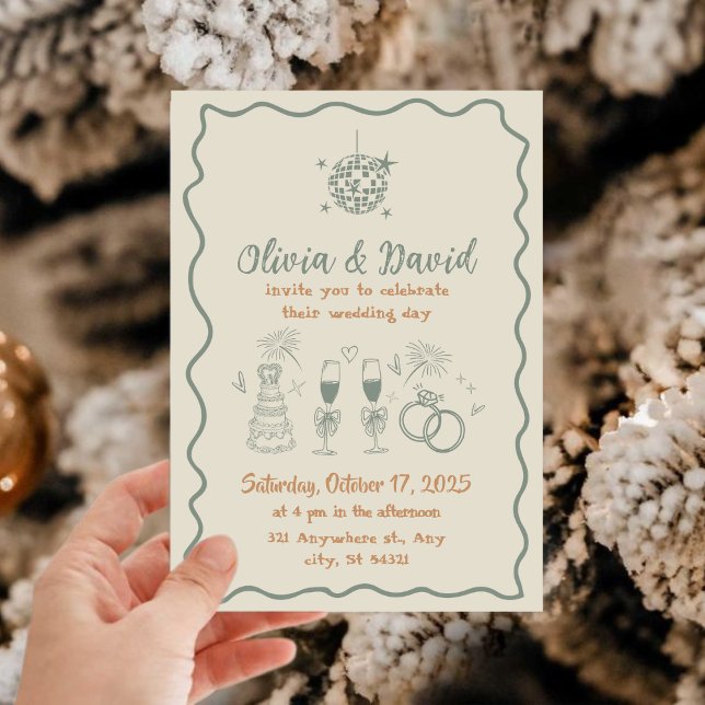 Hand plockade kräm och grönt, tyst linjer bröllop inbjudningar (Skapare uppladdad)