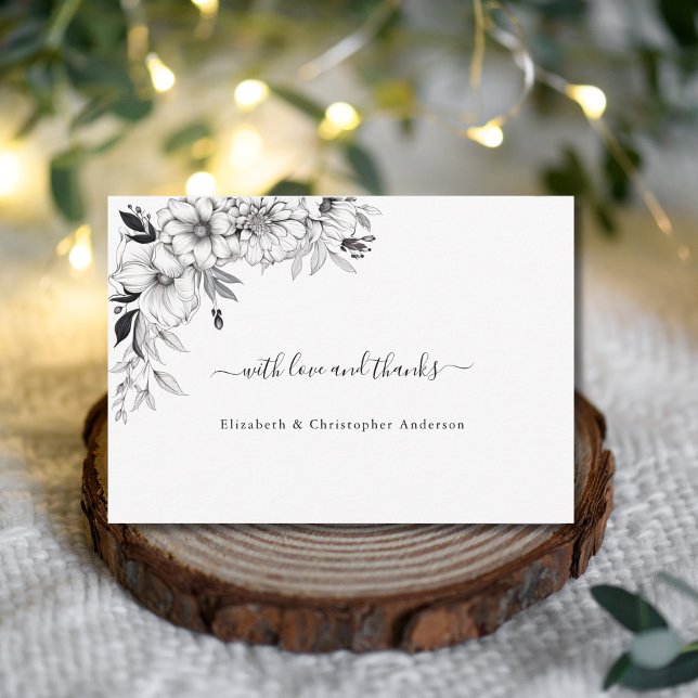 Hand plockade Line Art Flowers Black White Bröllop Tack Kort (Hand drawn line drawn floral black white wedding thank you card)