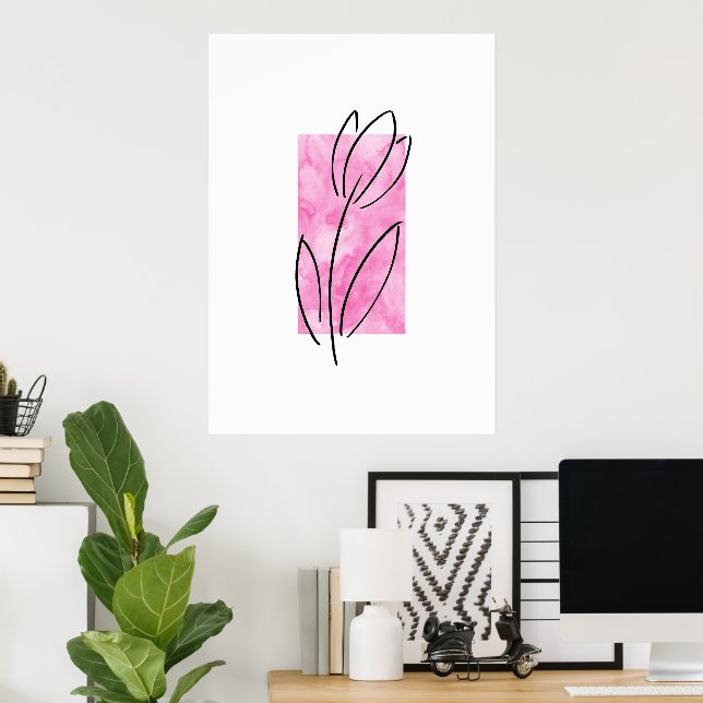 Hand plockade Linear Tulip, Rosa Watercolor Abstra Poster (Hemmakontoret)