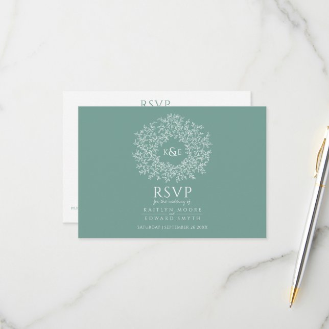 Hand plockade löv grönt OSA bröllop Kort (Fram/Back In Situ)