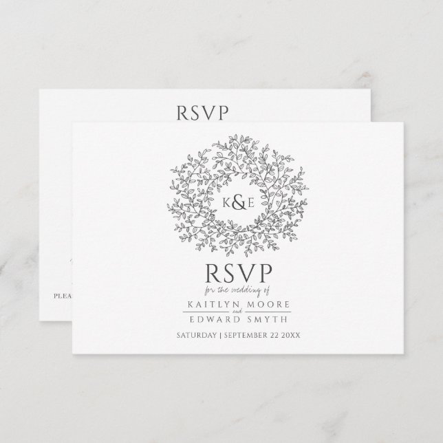 Hand plockade löv monogram mörk grått OSA bröllop  (Fram/baksida)