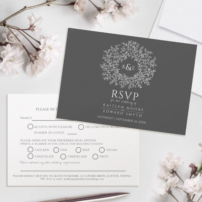 Hand plockade löv monogram mörk grått OSA bröllop  (Skapare uppladdad)