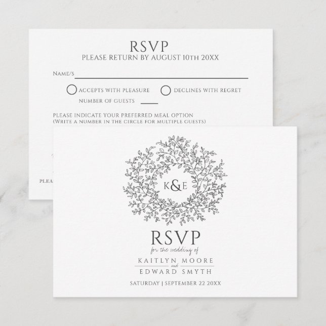 Hand plockade löv monogram mörk grått OSA bröllop  Kort (Fram/baksida)