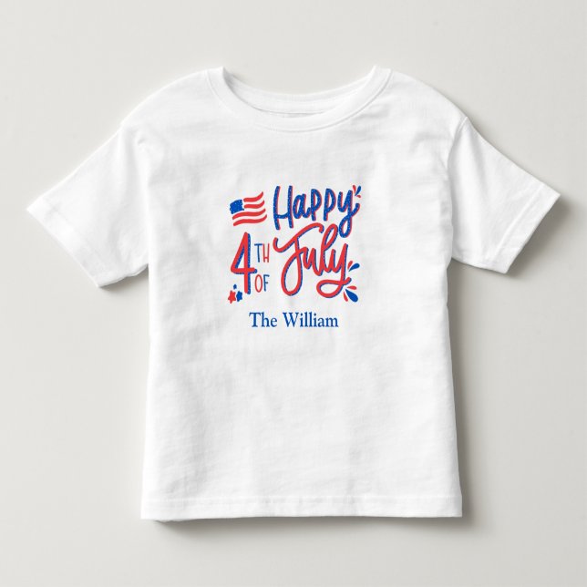 Hand plockade Lycklig 4:e juli Röd vit och blå T Shirt (Framsida)