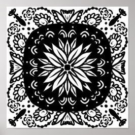 Hand plockade Mandala Doodle Art Black White Poster