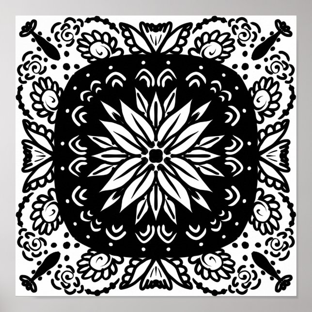 Hand plockade Mandala Doodle Art Black White Poster (Framsidan)