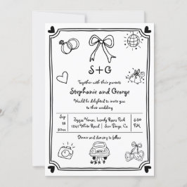 Hand plockade-manusdoodle QR whimsical bröllop Inbjudningar