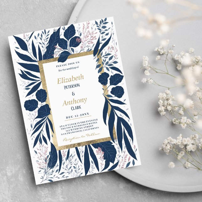 Hand plockade marinblått rosa sommartid blommigt B Inbjudningar (Hand drawn navy blue pink summer floral Wedding )