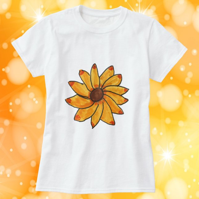 Hand plockade-markör för blomma Gult Bläck T Shirt (A tshirt with a hand drawn yellow flower)