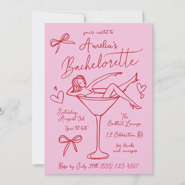 Hand plockade Martini Bachelorette-Anpassningsbarn Inbjudningar (Framsida)