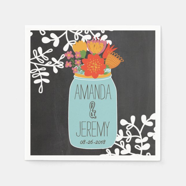 Hand plockade Mason Burk & Flowers på Chalkboard Pappersservett (Framsidan)