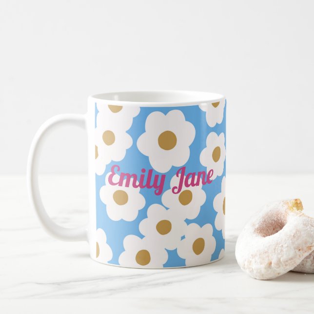 Hand plockade Modern Daisy Blue White Kaffemugg (Med munk)