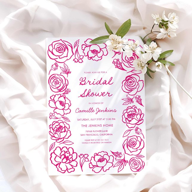 Hand plockade Möhippa för Blommigt av vimatisk Ros Inbjudningar (Whimsy Hot Pink Floral Bridal shower invitation)