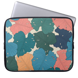 Hand plockade monstera löv av orange, rosa, blå laptop fodral