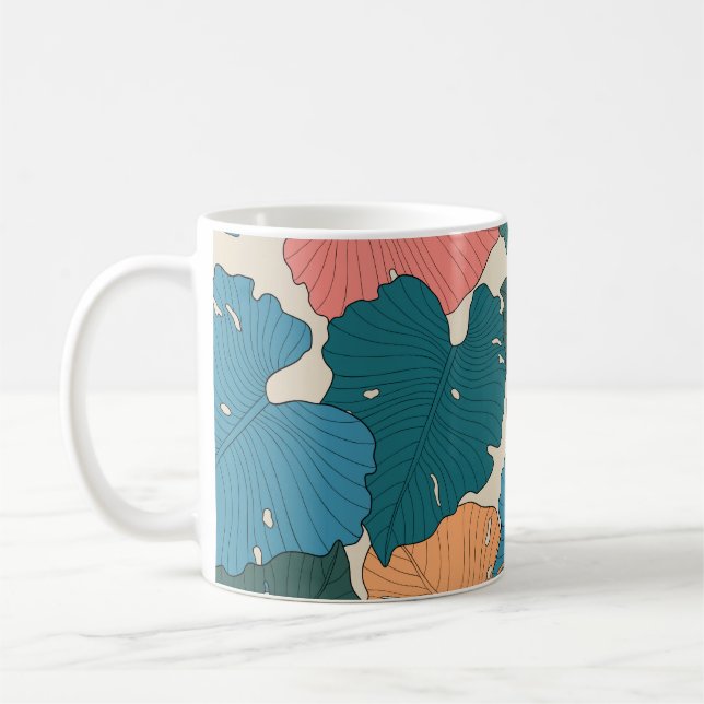 Hand plockade monstera löv av orange, rosa, blått kaffemugg (Vänster)