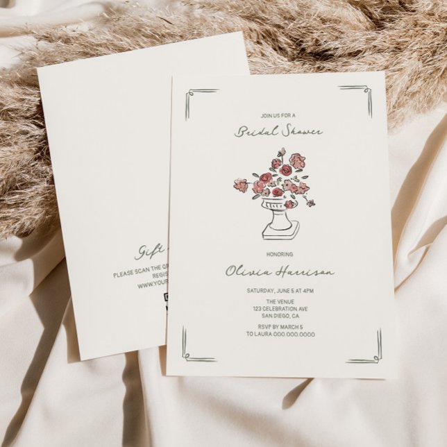 Hand plockade Muted Red Sage Blommigt Urn Möhippa Inbjudningar (Skapare uppladdad)