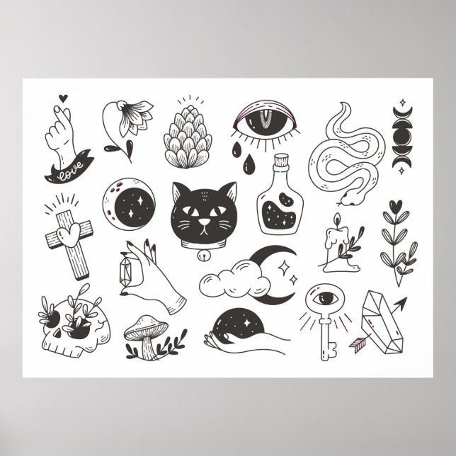 hand plockade, mystisk tatueringsdoodle, vintage b poster (Framsidan)