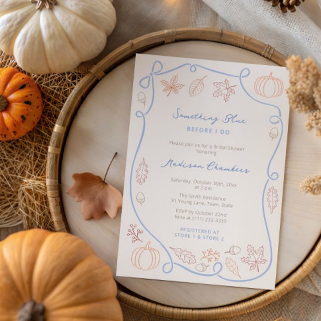 Hand plockade Nånting Blue Fall Möhippa Inbjudningar (Fall-theme Something Blue Bridal Shower invitation featuring hand drawn pumpkins and autumn leaves)