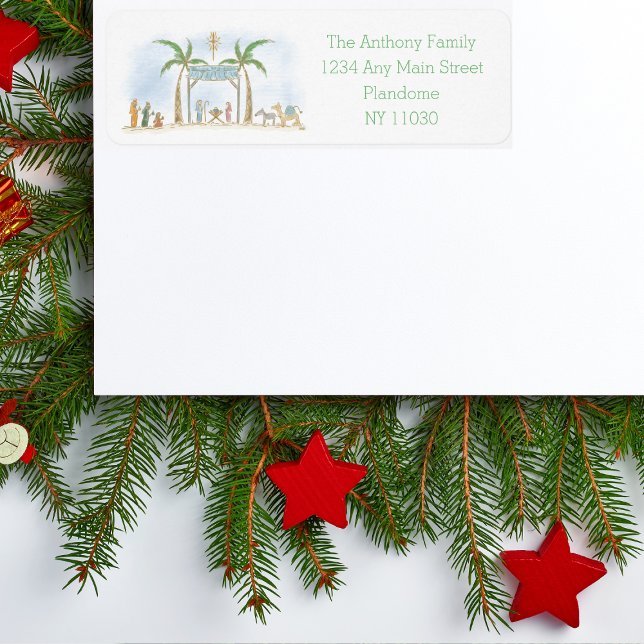 Hand plockade Nativitetscen Alla är Lugn Say Returadress Etikett (Skapare uppladdad)