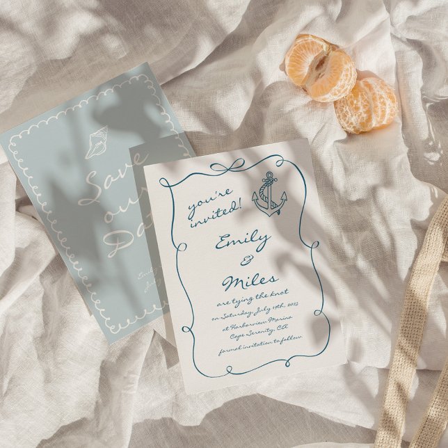 Hand plockade Nautical Bröllop spara datum Inbjudningar (Skapare uppladdad)