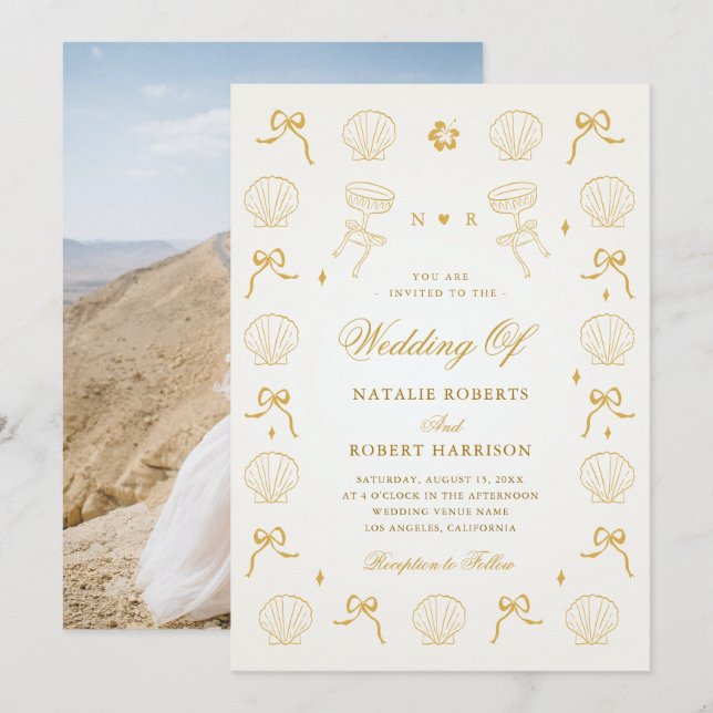 Hand plockade Nautical Coastal Seashell Snäcka Brö Inbjudningar (Fram/baksida)